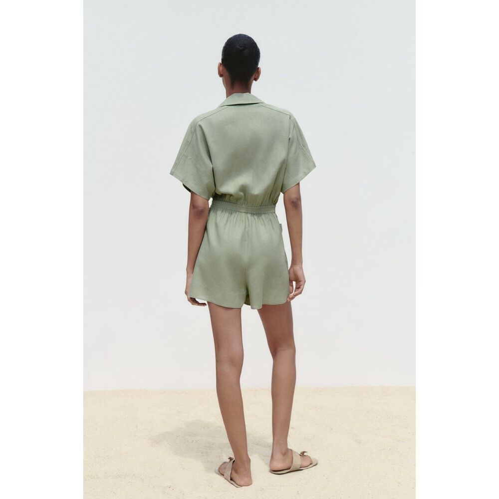 ZARA LINEN BLEND SHIRT STYLE SHORT JUMPSUIT - Picture 4 of 6